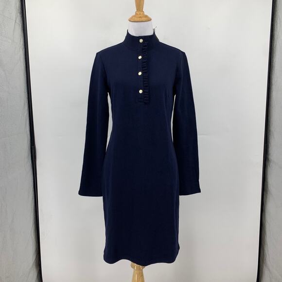 Talbots Dress Womens XS Extra Small Navy Gold Crest Long Sleeve Ruffle Mock Neck - Picture 2 of 15